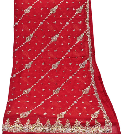 Indian Vintage Heavy Red Bridal Dupatta Pure Georgette Silk Hand Embroidered Zardozi, Dabka, Zari Work Party Wear Long Stole