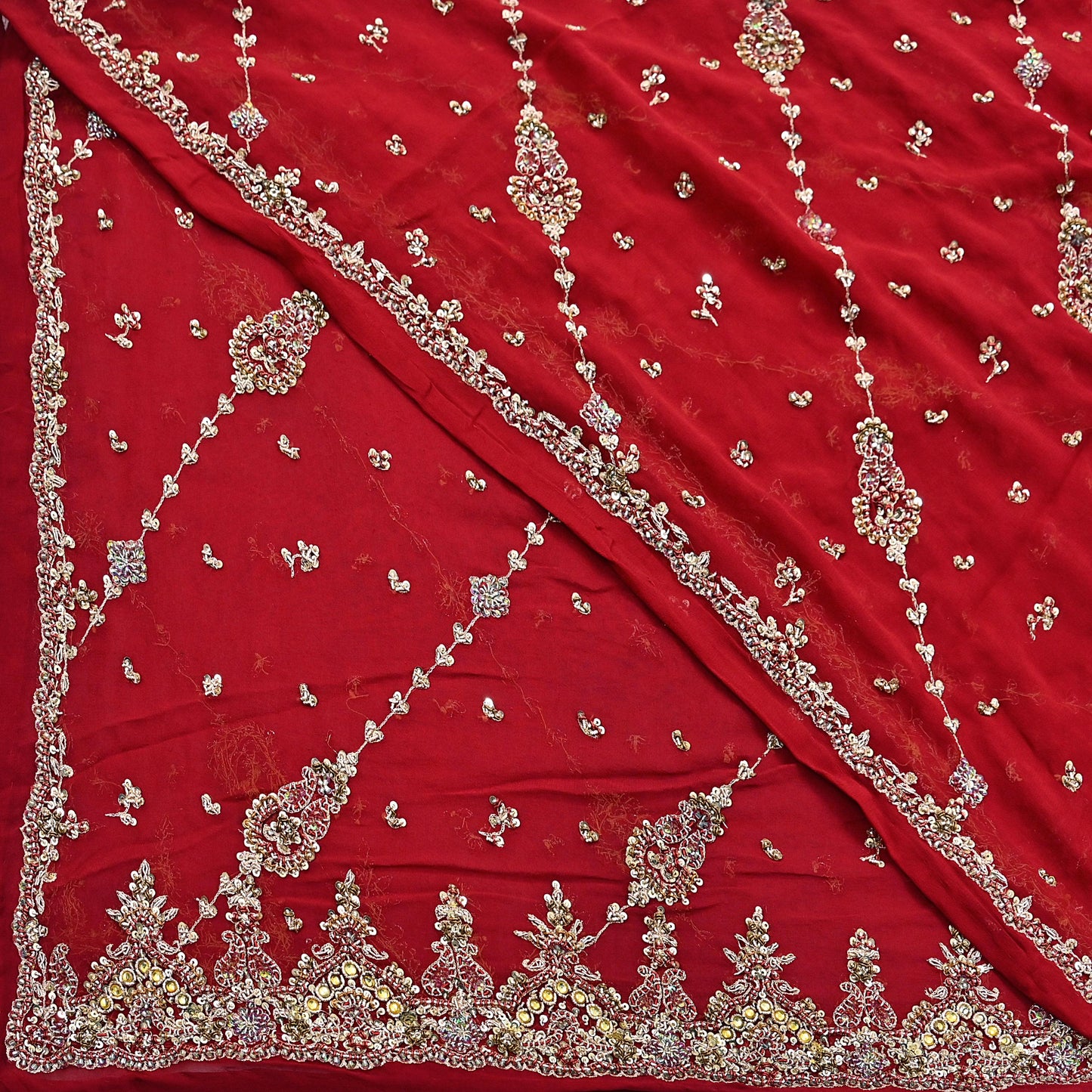 Indian Vintage Heavy Red Bridal Dupatta Pure Georgette Silk Hand Embroidered Zardozi, Dabka, Zari Work Party Wear Long Stole