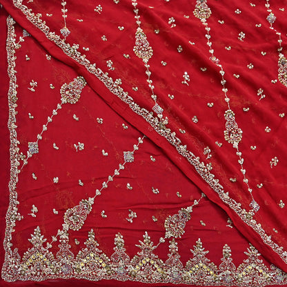 Indian Vintage Heavy Red Bridal Dupatta Pure Georgette Silk Hand Embroidered Zardozi, Dabka, Zari Work Party Wear Long Stole