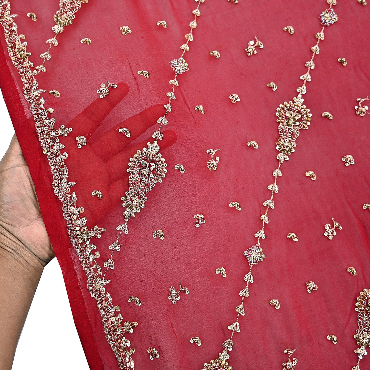 Indian Vintage Heavy Red Bridal Dupatta Pure Georgette Silk Hand Embroidered Zardozi, Dabka, Zari Work Party Wear Long Stole