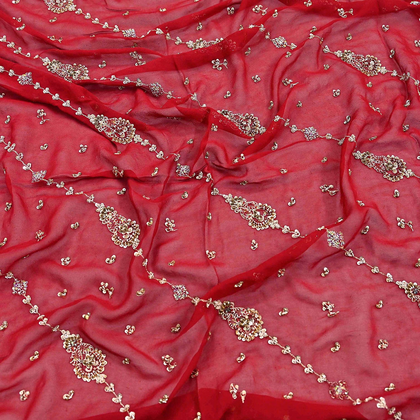Indian Vintage Heavy Red Bridal Dupatta Pure Georgette Silk Hand Embroidered Zardozi, Dabka, Zari Work Party Wear Long Stole