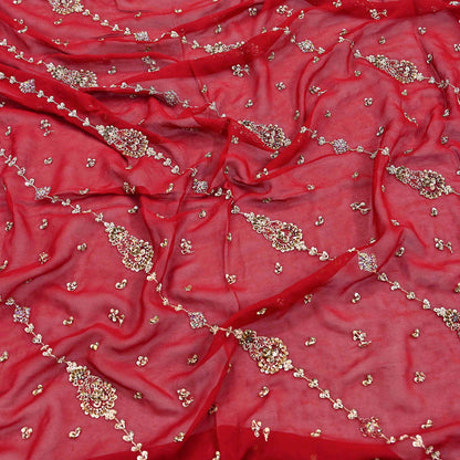 Indian Vintage Heavy Red Bridal Dupatta Pure Georgette Silk Hand Embroidered Zardozi, Dabka, Zari Work Party Wear Long Stole