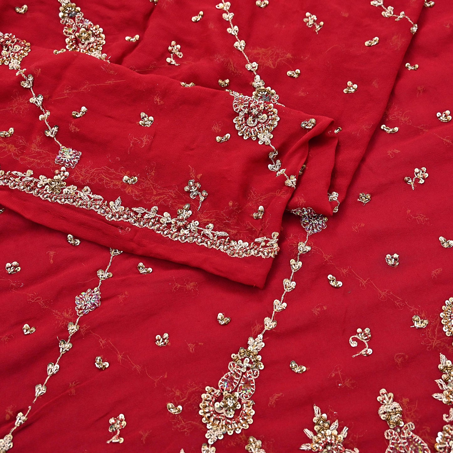 Indian Vintage Heavy Red Bridal Dupatta Pure Georgette Silk Hand Embroidered Zardozi, Dabka, Zari Work Party Wear Long Stole