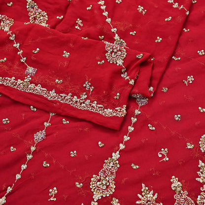 Indian Vintage Heavy Red Bridal Dupatta Pure Georgette Silk Hand Embroidered Zardozi, Dabka, Zari Work Party Wear Long Stole