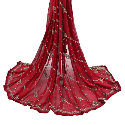 Indian Vintage Heavy Red Bridal Dupatta Pure Georgette Silk Hand Embroidered Zardozi, Dabka, Zari Work Party Wear Long Stole
