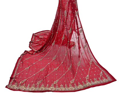 Indian Vintage Heavy Red Bridal Dupatta Pure Georgette Silk Hand Embroidered Zardozi, Dabka, Zari Work Party Wear Long Stole