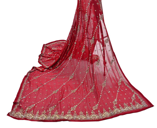 Indian Vintage Heavy Red Bridal Dupatta Pure Georgette Silk Hand Embroidered Zardozi, Dabka, Zari Work Party Wear Long Stole