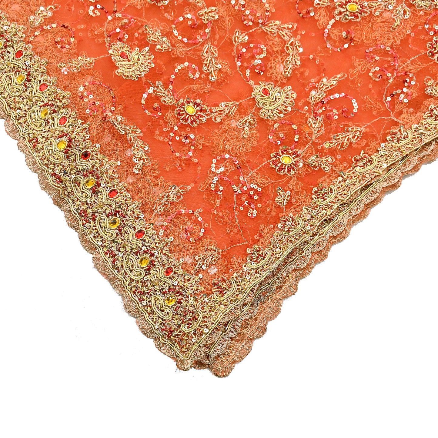 Indian Vintage Bridal Heavy Orange Dupatta Net Mesh Long Stole Hand Embroidered Scarves Golden Zardozi Dabka Zari Sequins Wedding Veil