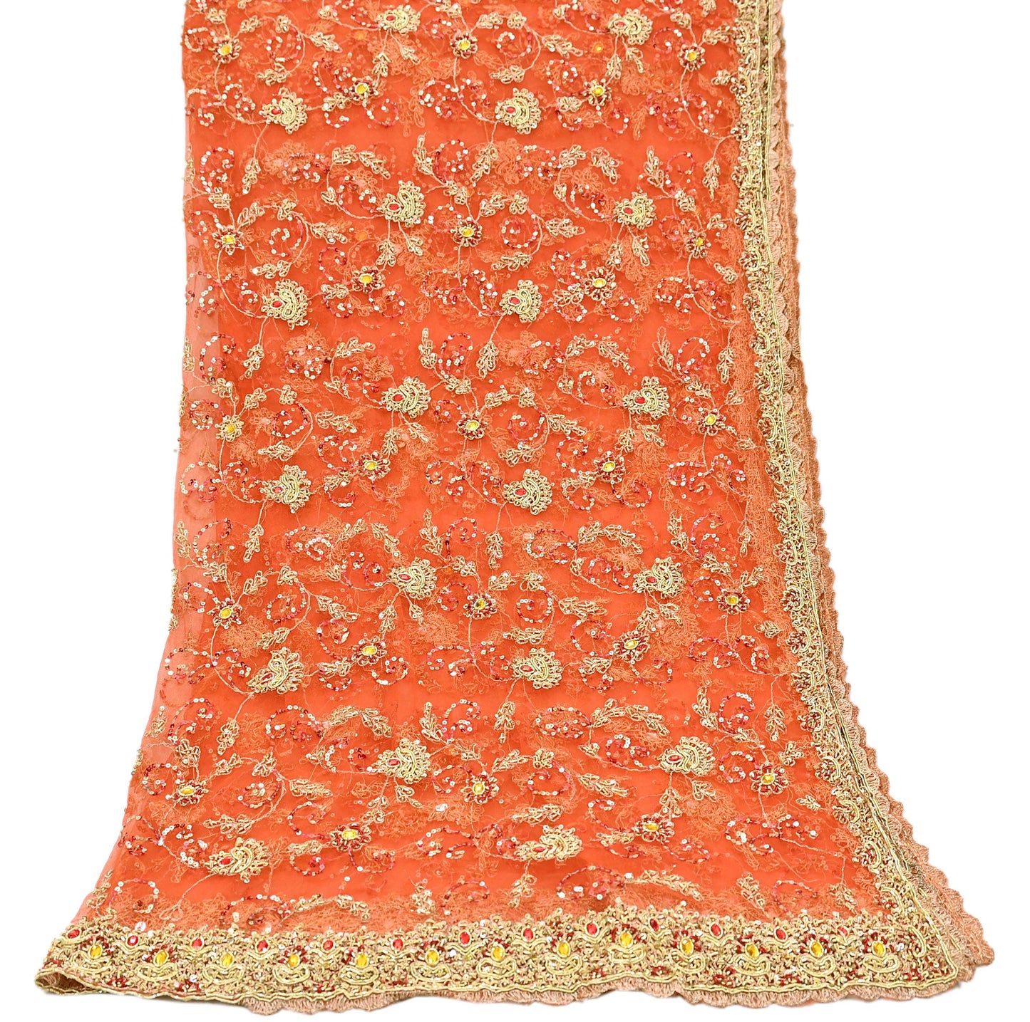 Indian Vintage Bridal Heavy Orange Dupatta Net Mesh Long Stole Hand Embroidered Scarves Golden Zardozi Dabka Zari Sequins Wedding Veil
