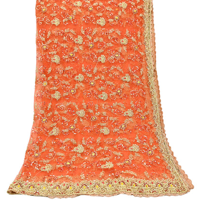 Indian Vintage Bridal Heavy Orange Dupatta Net Mesh Long Stole Hand Embroidered Scarves Golden Zardozi Dabka Zari Sequins Wedding Veil