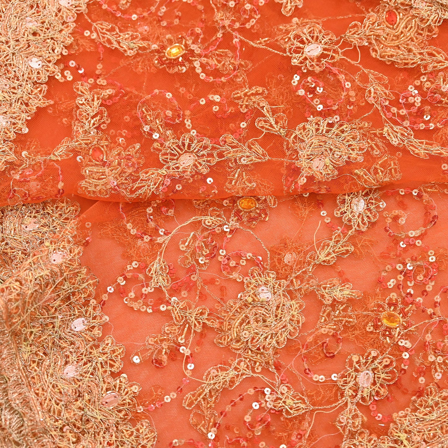 Indian Vintage Bridal Heavy Orange Dupatta Net Mesh Long Stole Hand Embroidered Scarves Golden Zardozi Dabka Zari Sequins Wedding Veil