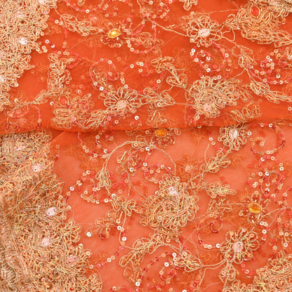 Indian Vintage Bridal Heavy Orange Dupatta Net Mesh Long Stole Hand Embroidered Scarves Golden Zardozi Dabka Zari Sequins Wedding Veil