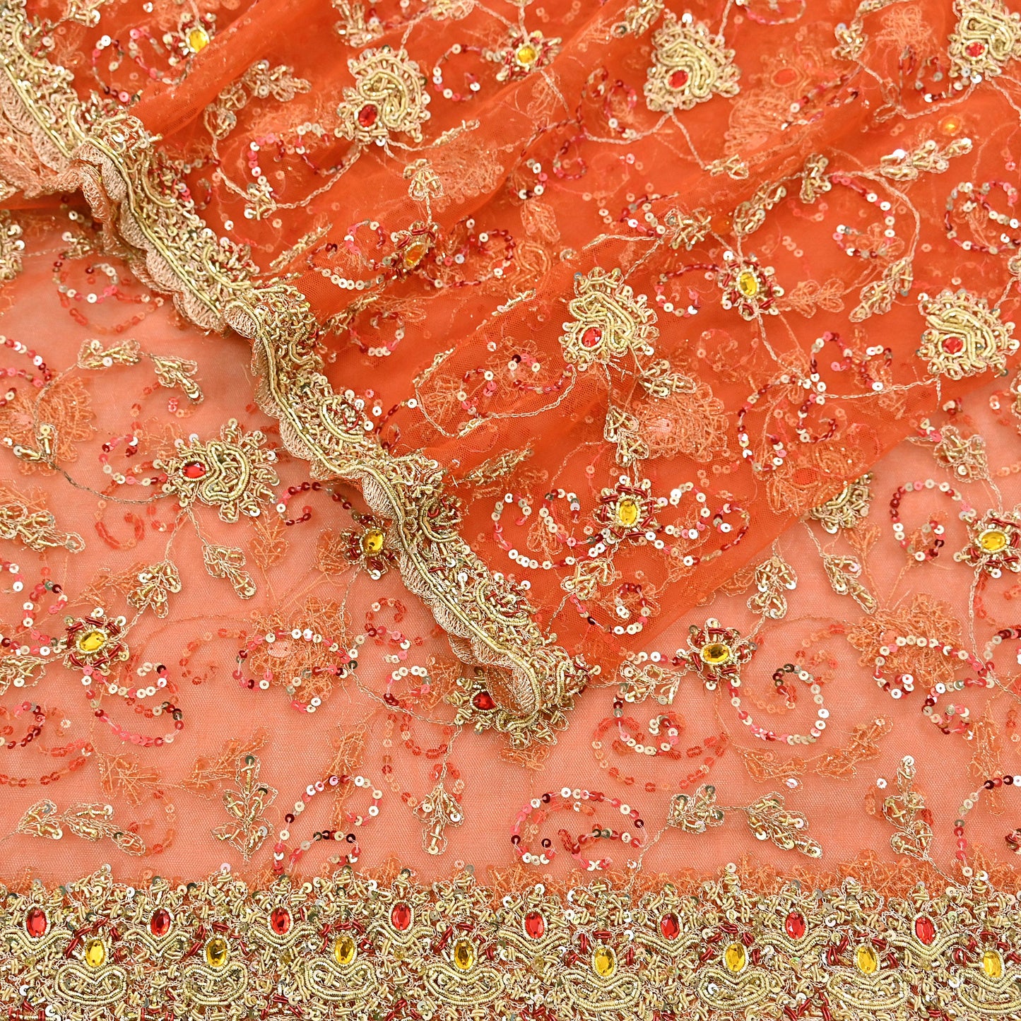 Indian Vintage Bridal Heavy Orange Dupatta Net Mesh Long Stole Hand Embroidered Scarves Golden Zardozi Dabka Zari Sequins Wedding Veil