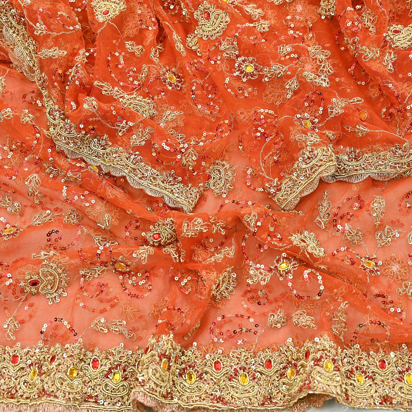 Indian Vintage Bridal Heavy Orange Dupatta Net Mesh Long Stole Hand Embroidered Scarves Golden Zardozi Dabka Zari Sequins Wedding Veil