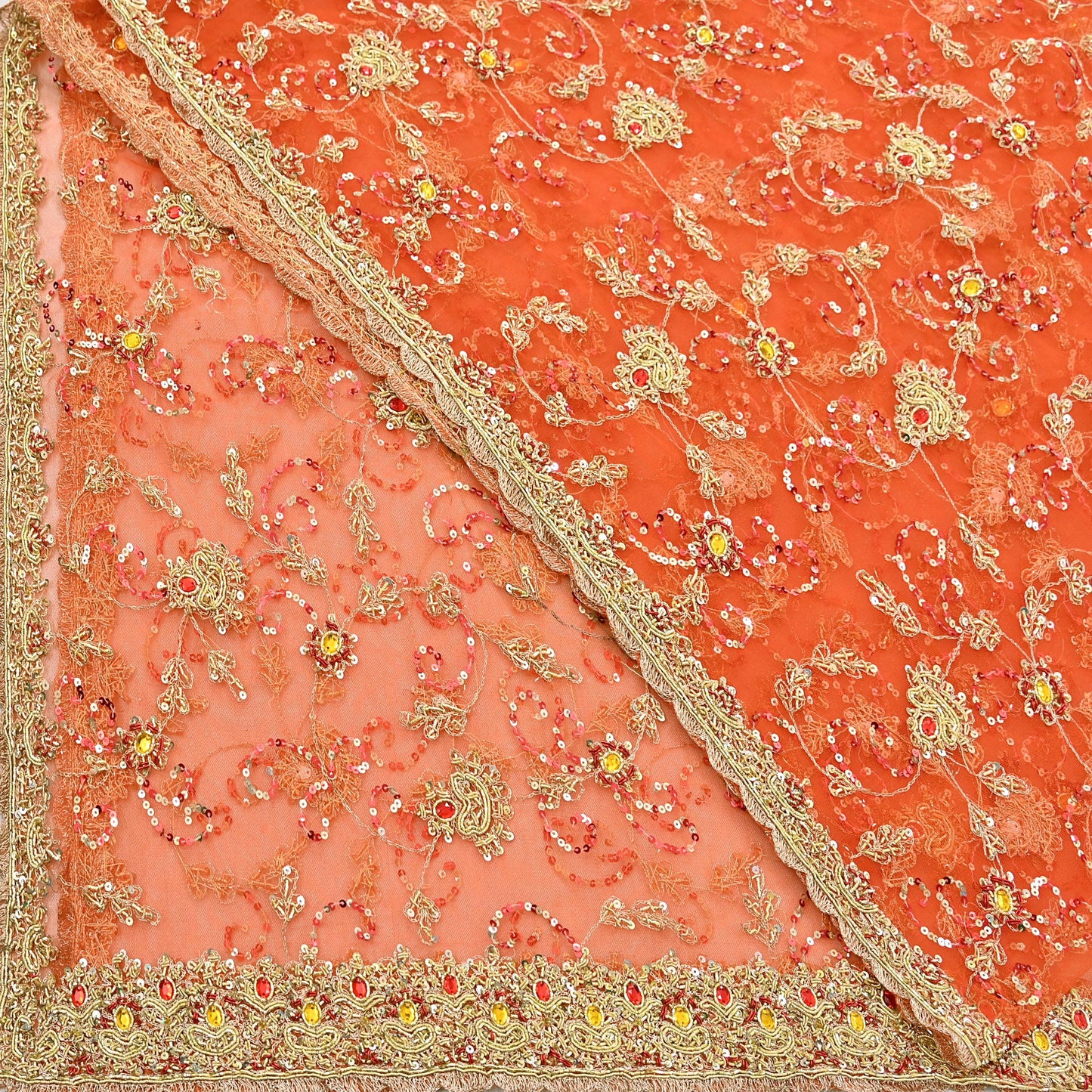 Indian Vintage Bridal Heavy Orange Dupatta Net Mesh Long Stole Hand Embroidered Scarves Golden Zardozi Dabka Zari Sequins Wedding Veil