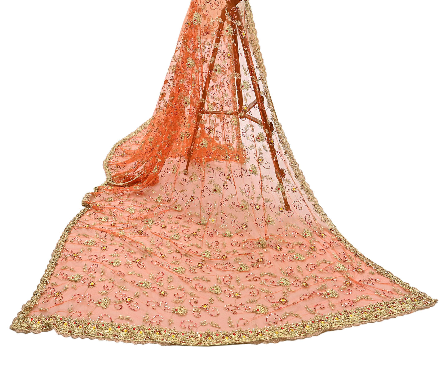 Indian Vintage Bridal Heavy Orange Dupatta Net Mesh Long Stole Hand Embroidered Scarves Golden Zardozi Dabka Zari Sequins Wedding Veil