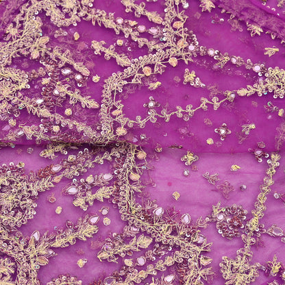 Indian Vintage Heavy Bridal Dupatta Purple Net Mesh Long Stole Hand Embroidered Scarves Golden Zardozi Dabka Zari Wedding Veil Hijab