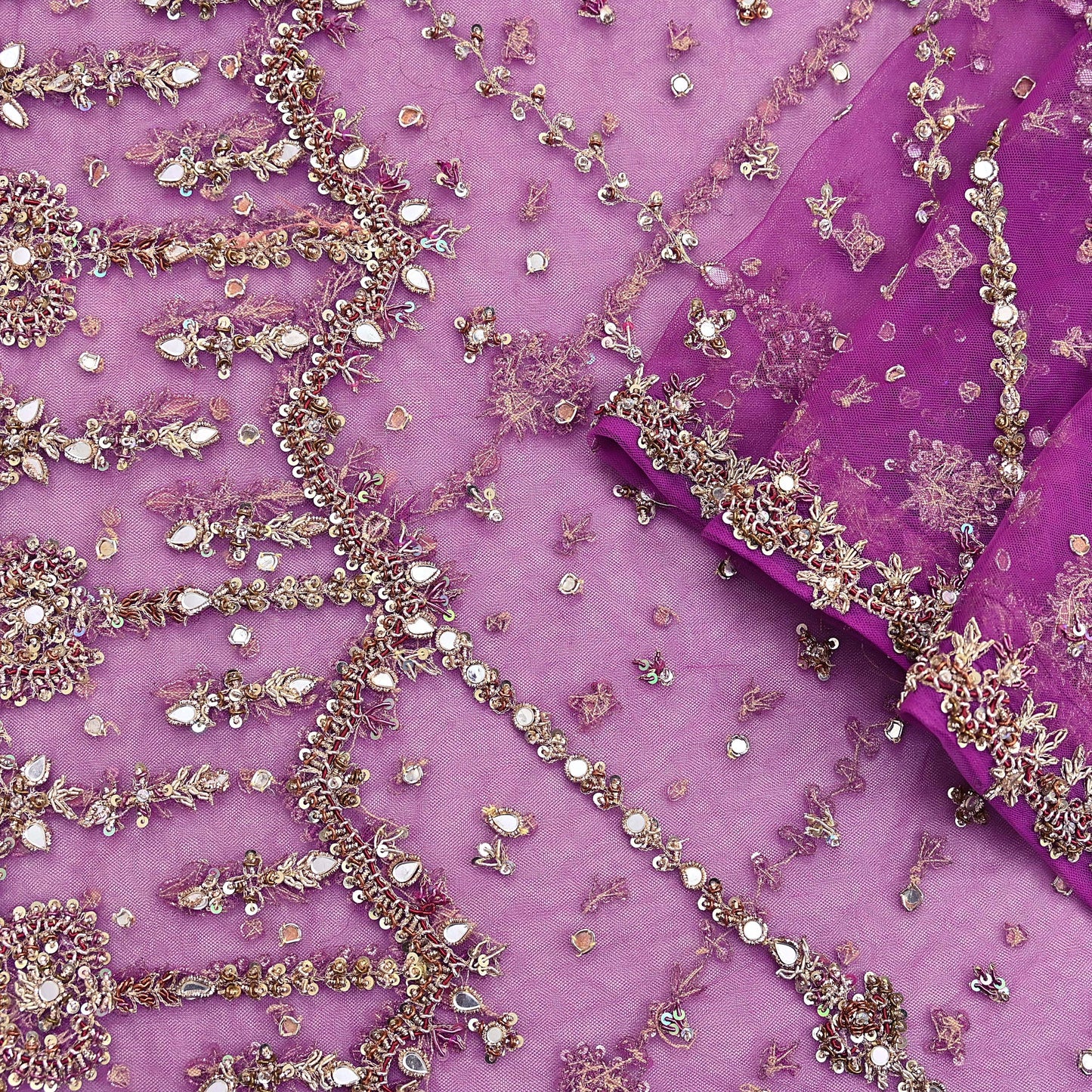 Indian Vintage Heavy Bridal Dupatta Purple Net Mesh Long Stole Hand Embroidered Scarves Golden Zardozi Dabka Zari Wedding Veil Hijab