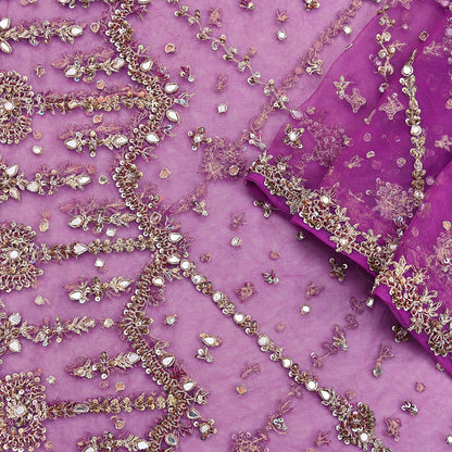 Indian Vintage Heavy Bridal Dupatta Purple Net Mesh Long Stole Hand Embroidered Scarves Golden Zardozi Dabka Zari Wedding Veil Hijab