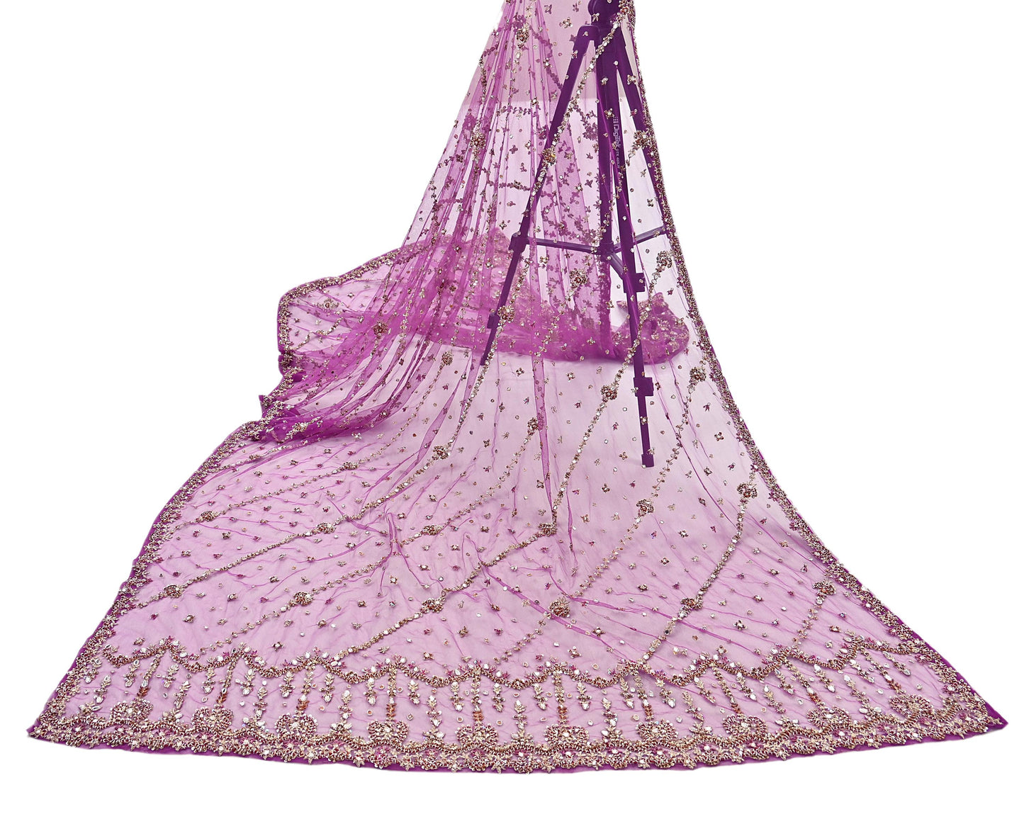 Indian Vintage Heavy Bridal Dupatta Purple Net Mesh Long Stole Hand Embroidered Scarves Golden Zardozi Dabka Zari Wedding Veil Hijab
