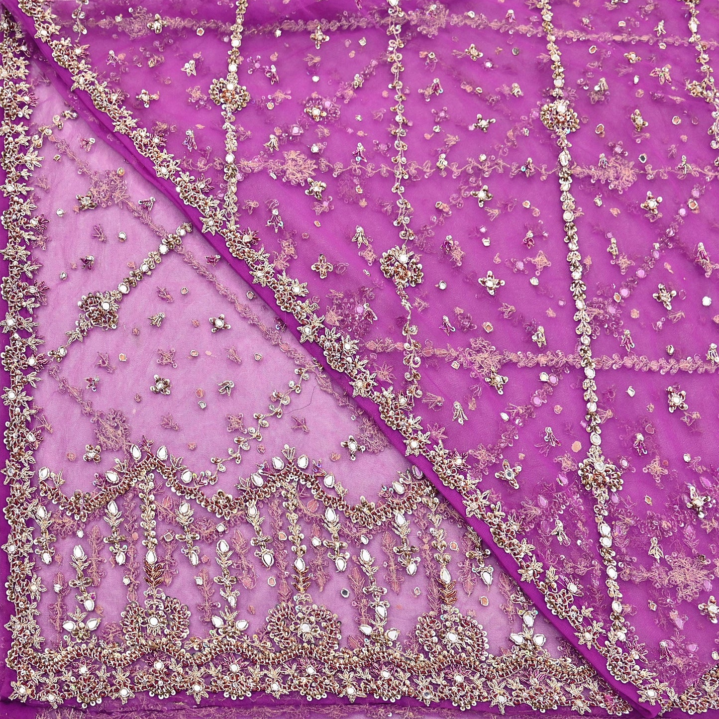 Indian Vintage Heavy Bridal Dupatta Purple Net Mesh Long Stole Hand Embroidered Scarves Golden Zardozi Dabka Zari Wedding Veil Hijab