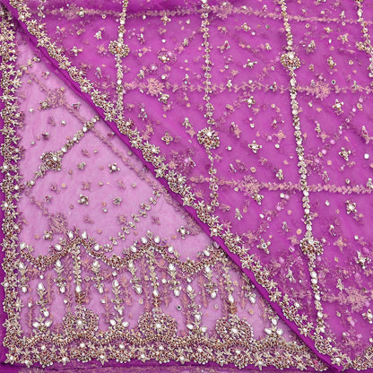Indian Vintage Heavy Bridal Dupatta Purple Net Mesh Long Stole Hand Embroidered Scarves Golden Zardozi Dabka Zari Wedding Veil Hijab