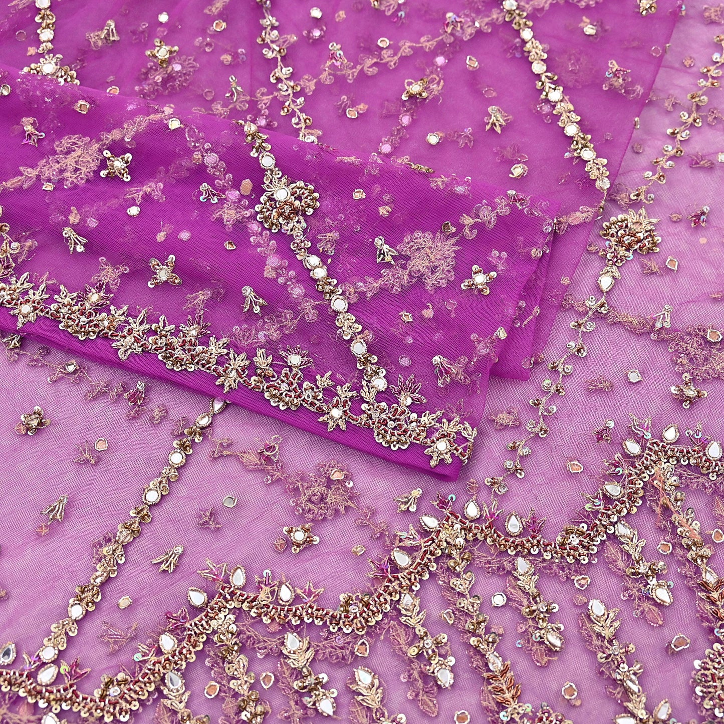 Indian Vintage Heavy Bridal Dupatta Purple Net Mesh Long Stole Hand Embroidered Scarves Golden Zardozi Dabka Zari Wedding Veil Hijab