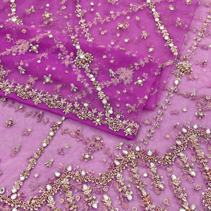 Indian Vintage Heavy Bridal Dupatta Purple Net Mesh Long Stole Hand Embroidered Scarves Golden Zardozi Dabka Zari Wedding Veil Hijab