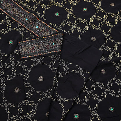 Indian Vintage Heavy Sari Black Pure Crepe Silk Hand Embroidered Sarees Craft Fabric 6Yd Sewing Zardozi Dress making Crafting Quilting