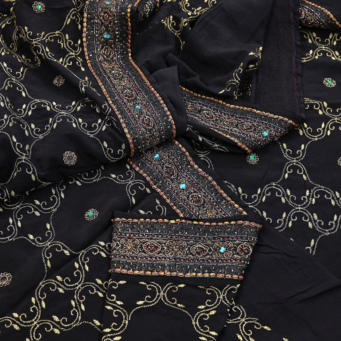 Indian Vintage Heavy Sari Black Pure Crepe Silk Hand Embroidered Sarees Craft Fabric 6Yd Sewing Zardozi Dress making Crafting Quilting