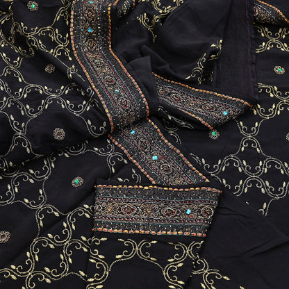 Indian Vintage Heavy Sari Black Pure Crepe Silk Hand Embroidered Sarees Craft Fabric 6Yd Sewing Zardozi Dress making Crafting Quilting