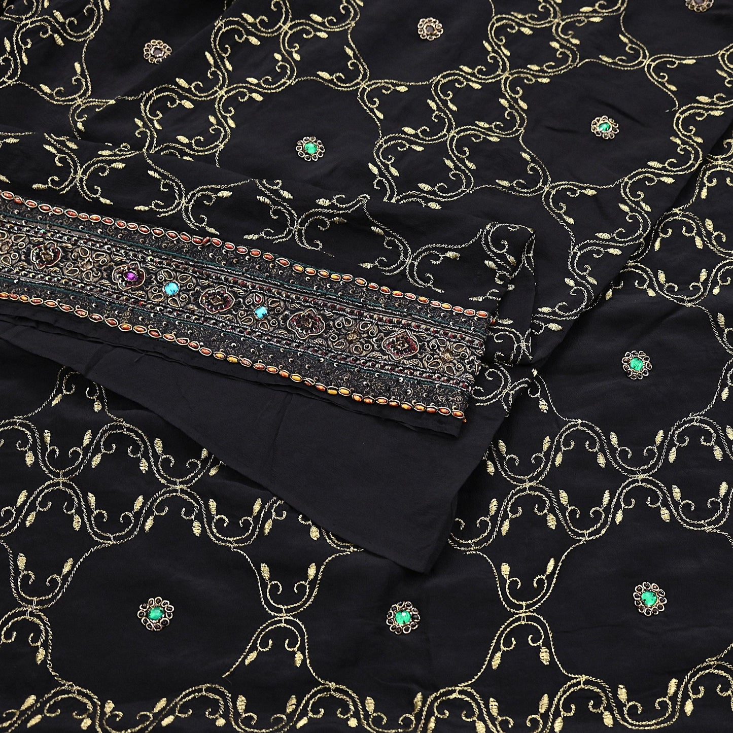 Indian Vintage Heavy Sari Black Pure Crepe Silk Hand Embroidered Sarees Craft Fabric 6Yd Sewing Zardozi Dress making Crafting Quilting