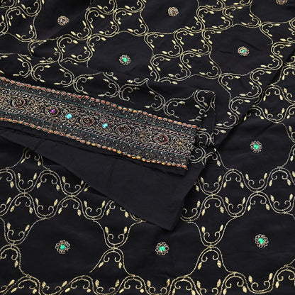 Indian Vintage Heavy Sari Black Pure Crepe Silk Hand Embroidered Sarees Craft Fabric 6Yd Sewing Zardozi Dress making Crafting Quilting