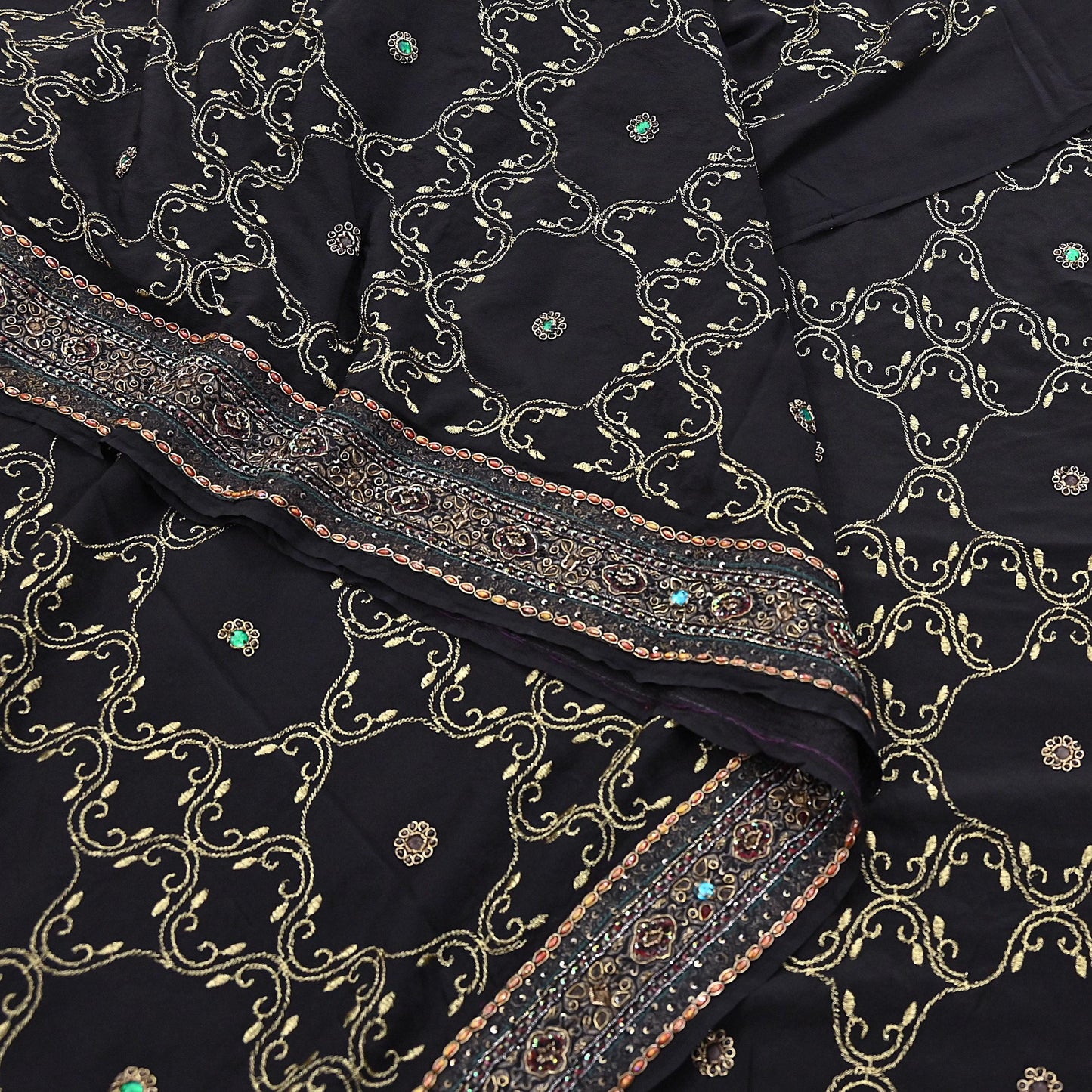Indian Vintage Heavy Sari Black Pure Crepe Silk Hand Embroidered Sarees Craft Fabric 6Yd Sewing Zardozi Dress making Crafting Quilting