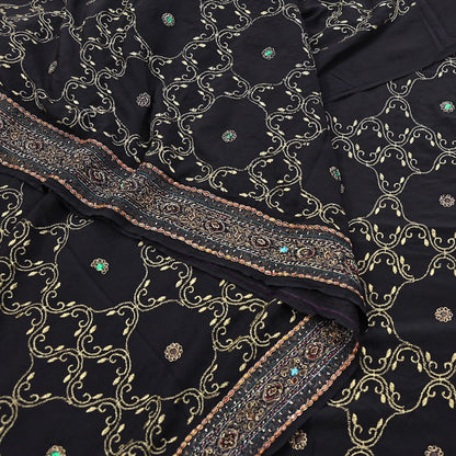 Indian Vintage Heavy Sari Black Pure Crepe Silk Hand Embroidered Sarees Craft Fabric 6Yd Sewing Zardozi Dress making Crafting Quilting