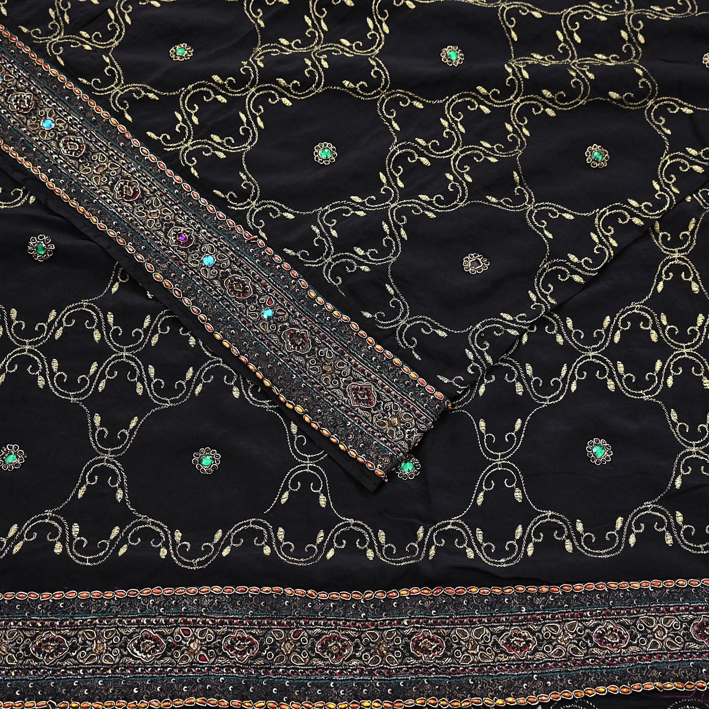 Indian Vintage Heavy Sari Black Pure Crepe Silk Hand Embroidered Sarees Craft Fabric 6Yd Sewing Zardozi Dress making Crafting Quilting