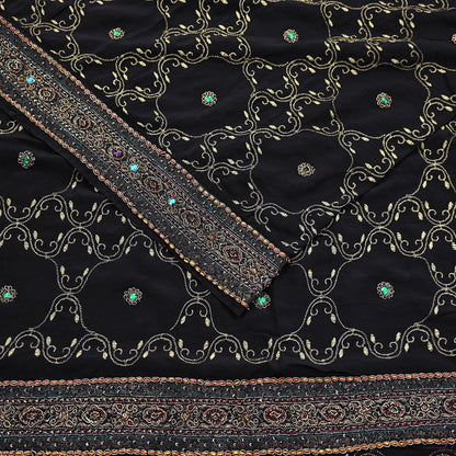 Indian Vintage Heavy Sari Black Pure Crepe Silk Hand Embroidered Sarees Craft Fabric 6Yd Sewing Zardozi Dress making Crafting Quilting