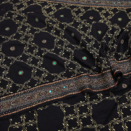 Indian Vintage Heavy Sari Black Pure Crepe Silk Hand Embroidered Sarees Craft Fabric 6Yd Sewing Zardozi Dress making Crafting Quilting