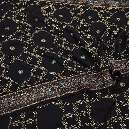 Indian Vintage Heavy Sari Black Pure Crepe Silk Hand Embroidered Sarees Craft Fabric 6Yd Sewing Zardozi Dress making Crafting Quilting