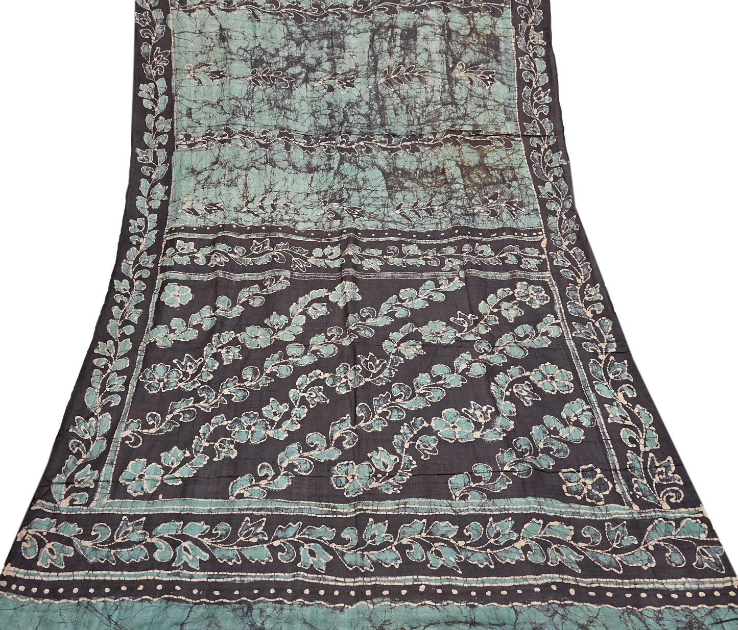 Vintage Brown & Green Pure Khadi Silk Saree 5Yd Handloom batik Indian Sari Soft Fabric Sustainable Craft Textile Boho Dressmaking Material