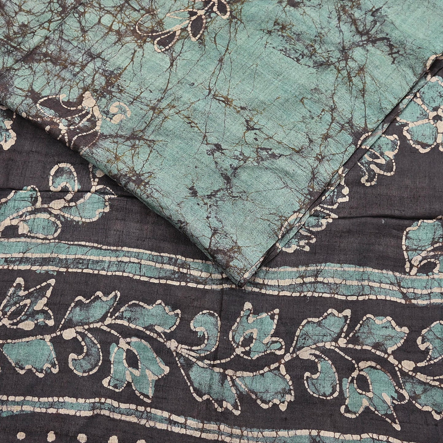 Vintage Brown & Green Pure Khadi Silk Saree 5Yd Handloom batik Indian Sari Soft Fabric Sustainable Craft Textile Boho Dressmaking Material
