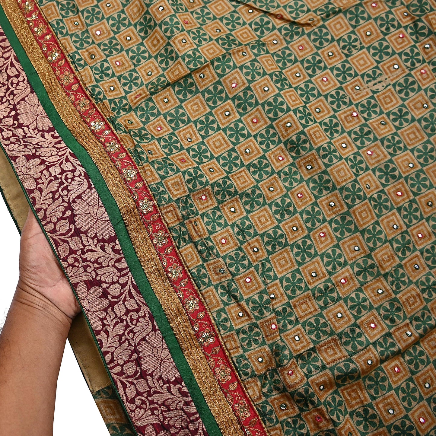 Indian Vintage Saree Beige & Green Pure Khadi Silk Handloom Hand Beaded Sari Fabric 5yard Ethnic Zari Dressmaking Crafting Upcycle Quilting