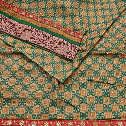 Indian Vintage Saree Beige & Green Pure Khadi Silk Handloom Hand Beaded Sari Fabric 5yard Ethnic Zari Dressmaking Crafting Upcycle Quilting