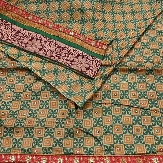Indian Vintage Saree Beige & Green Pure Khadi Silk Handloom Hand Beaded Sari Fabric 5yard Ethnic Zari Dressmaking Crafting Upcycle Quilting