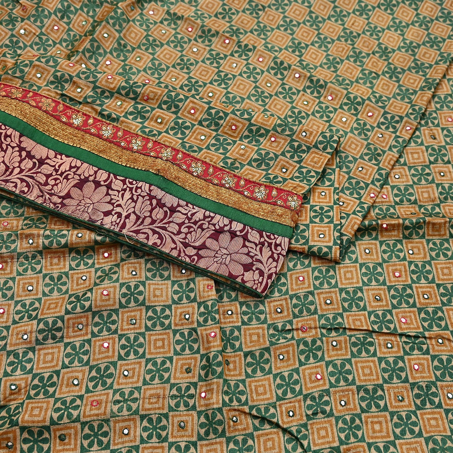 Indian Vintage Saree Beige & Green Pure Khadi Silk Handloom Hand Beaded Sari Fabric 5yard Ethnic Zari Dressmaking Crafting Upcycle Quilting