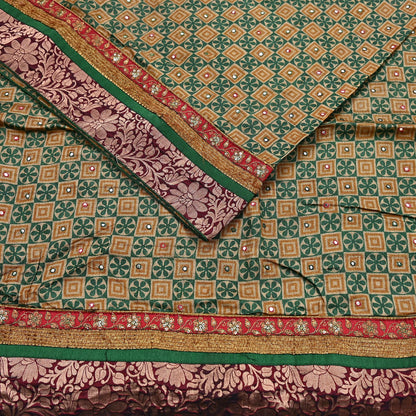 Indian Vintage Saree Beige & Green Pure Khadi Silk Handloom Hand Beaded Sari Fabric 5yard Ethnic Zari Dressmaking Crafting Upcycle Quilting