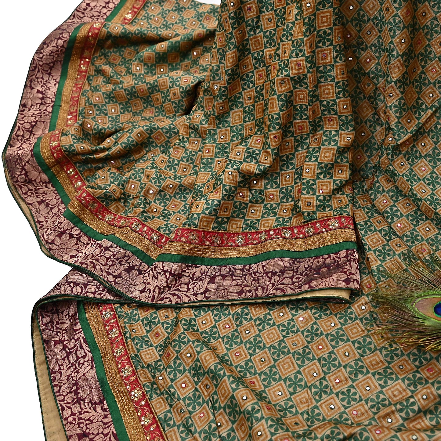 Indian Vintage Saree Beige & Green Pure Khadi Silk Handloom Hand Beaded Sari Fabric 5yard Ethnic Zari Dressmaking Crafting Upcycle Quilting