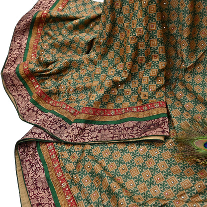 Indian Vintage Saree Beige & Green Pure Khadi Silk Handloom Hand Beaded Sari Fabric 5yard Ethnic Zari Dressmaking Crafting Upcycle Quilting