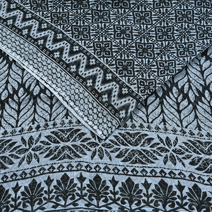 Indian Vintage Black & Gray Saree Printed Pure Cotton Indian Sari Craft Fabric 5Yd Sewing Soft Sarong Wrap Boho Floral Quilting Crafting