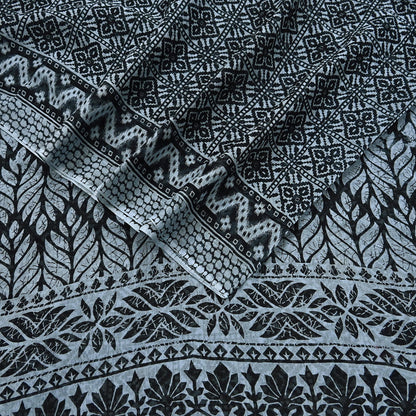 Indian Vintage Black & Gray Saree Printed Pure Cotton Indian Sari Craft Fabric 5Yd Sewing Soft Sarong Wrap Boho Floral Quilting Crafting